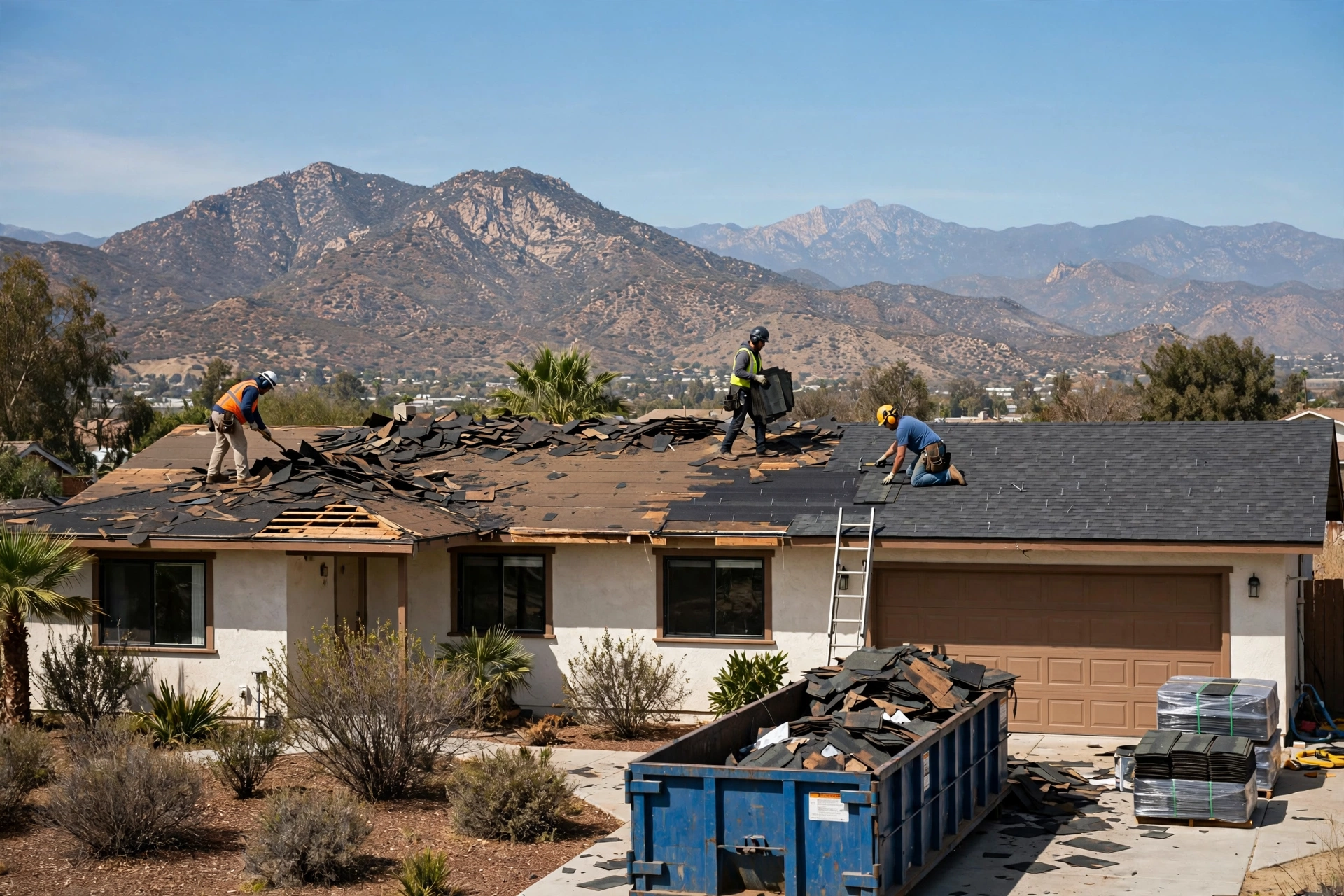 Roofer performing roof replacement on a Colton home
